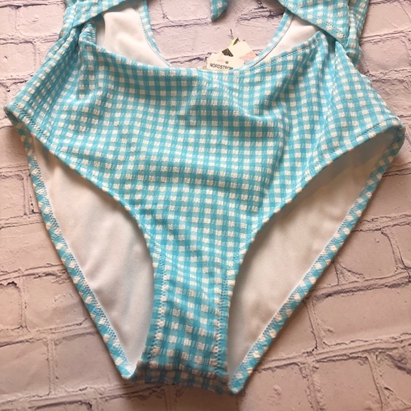 Jessica Simpson cap sleeve bow front blue white check gingham swimsuit Medium - Picture 6 of 8